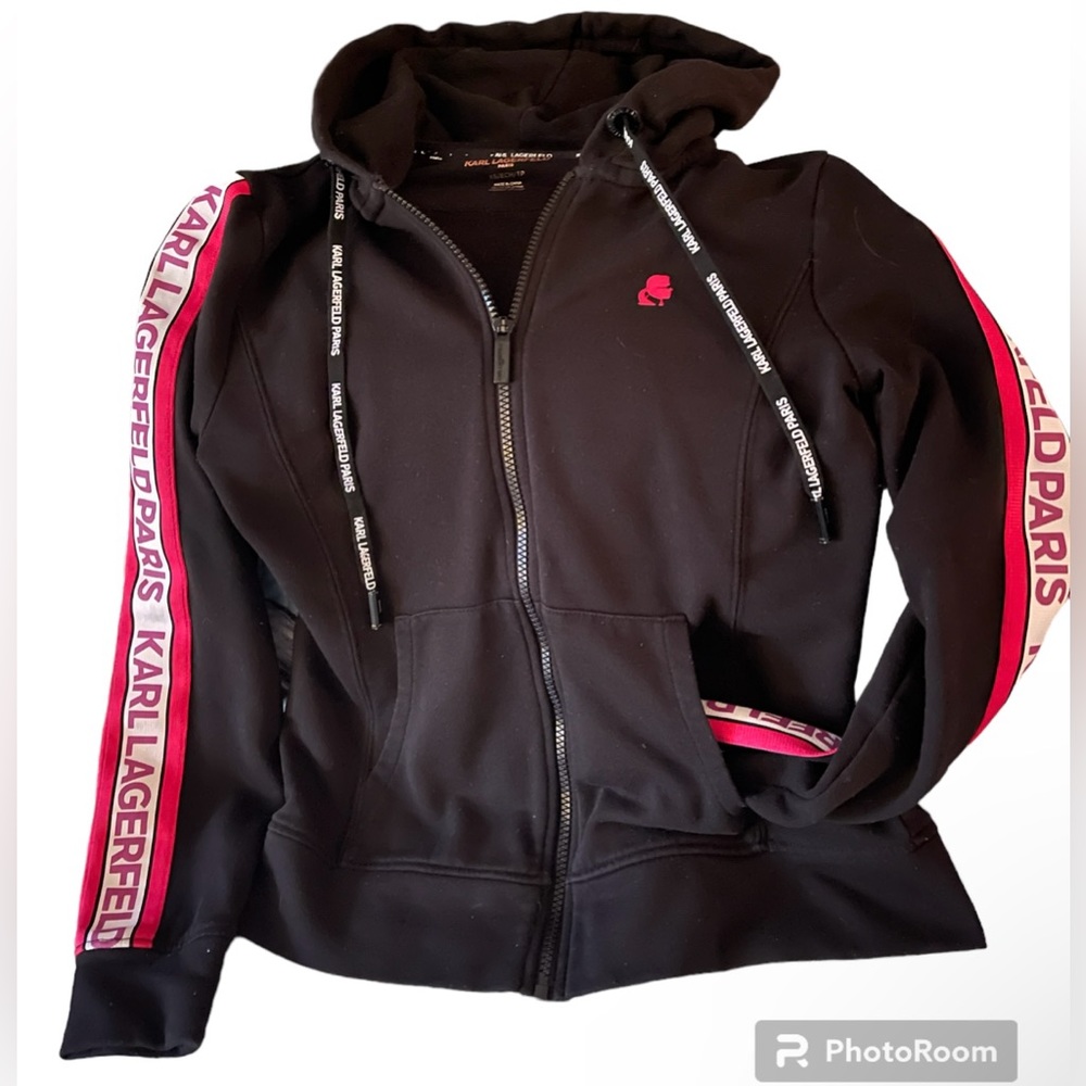 NWOT Karl Lagerfeld Hoodie Full Zip, Pockets Black & Pink Sz ladies XS/S - Picture 10 of 10